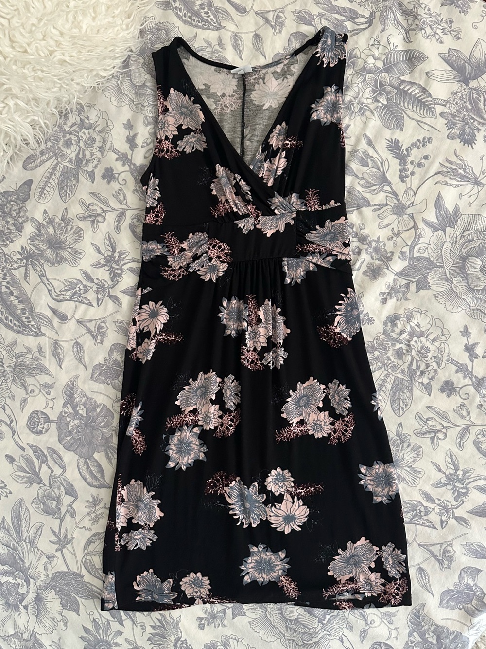 Lascana Black Floral Wrap Midi Dress with Light Pink & Blue Floral Pattern